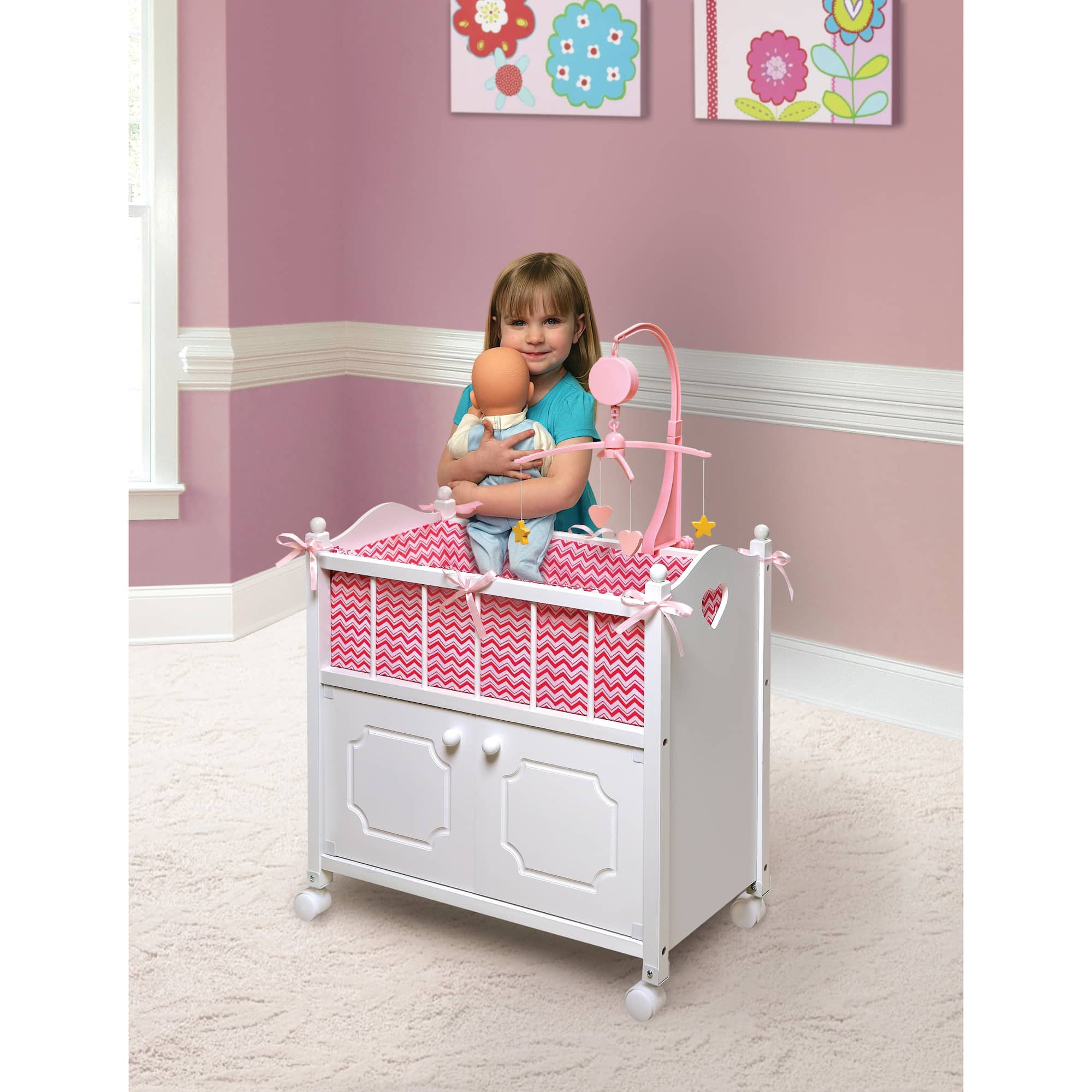 Badger Basket White Cabinet Doll Crib with Pink & White Chevron Bedding